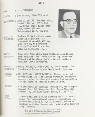 Lot #208 Mafia: Biographical Data File by the Bureau of Narcotics: A who's-who of Mafiosi?a rare Mafia data file prepared by the Bureau of Narcotics - Image 5