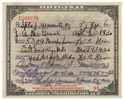Lot #287 Prohibition: 1930 Liquor Prescription