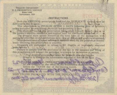 Lot #287 Prohibition: 1930 Liquor Prescription - Image 2