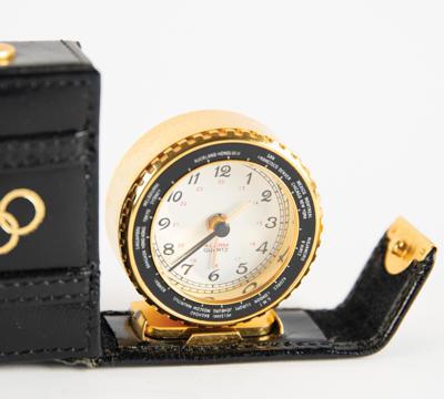Lot #6384 Olympic Souvenirs: Belt, Travel Clock, Swiss Army Knife, and 18k Gold Lapel Pins - Image 2