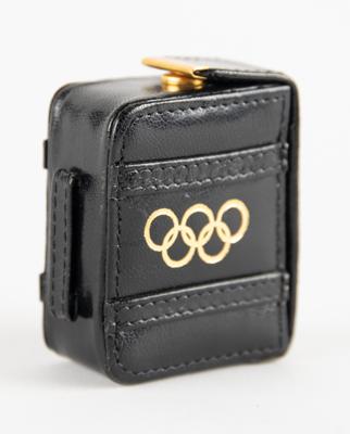 Lot #6384 Olympic Souvenirs: Belt, Travel Clock, Swiss Army Knife, and 18k Gold Lapel Pins - Image 4