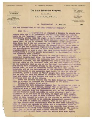 Lot #282 Simon Lake: Lake informs his stockholders that the U.S. Government has 