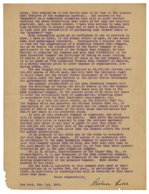 Lot #282 Simon Lake: Lake informs his stockholders that the U.S. Government has 