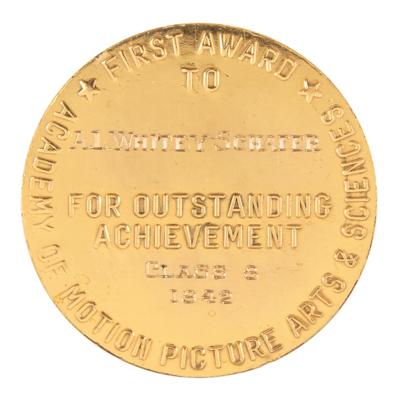 Lot #674 Academy Award Still Photography Medal: Whitey Schafer (1942): Rare 1942 Academy Award still photography medal presented to Hollywood's pin-up extraordinaire - Image 2
