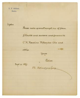 Lot #185 Thomas Edison: Six years after patenting the electric light, Edison sends 