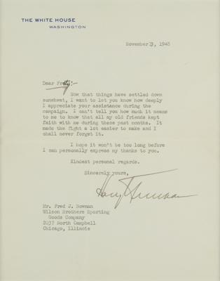 Lot #158 Harry S. Truman: Fresh off his historic reelection, Truman finds time to write an old comrade, 