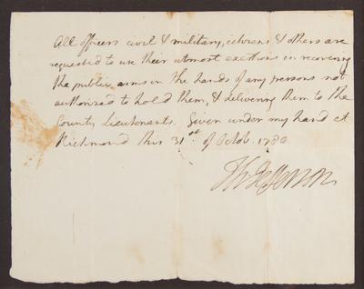 Lot #5 Thomas Jefferson: Governor Jefferson calls upon the Virginia citizenry, intent on 