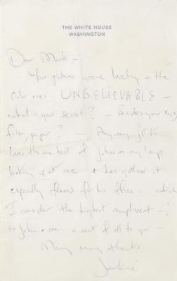 Lot #67 Jacqueline Kennedy: Jackie sends sincere thanks to family photographer Mark Shaw: 