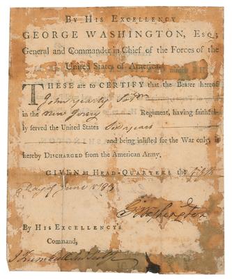 Lot #2 George Washington: General Washington discharges a loyal New Jersey soldier in 1783, while awaiting confirmation of 