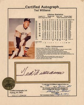 Lot #865 Ted Williams Signed Statistic Sheet - Image 1