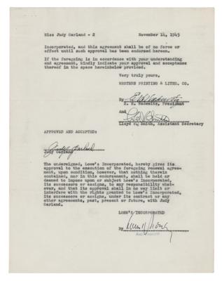 Lot #679 Judy Garland: Publishing renewal contract for 23-year-old Judy Garland, authorizing 