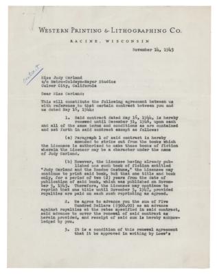 Lot #679 Judy Garland: Publishing renewal contract for 23-year-old Judy Garland, authorizing 