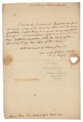 Lot #241 Aaron Burr Hand-Docketed Letter by Nicolas G. Dufief - Image 1