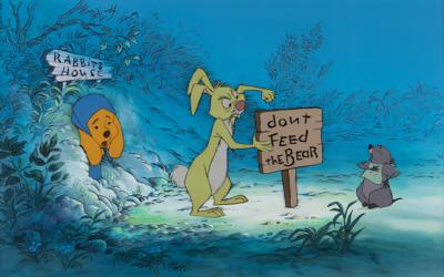 Lot #463 Winnie the Pooh production cel and key master background from Winnie the Pooh and the Honey Tree: Superb key master set-up from Winnie the Pooh and the Honey Tree, presented by the Rabbit voice actor - Image 1