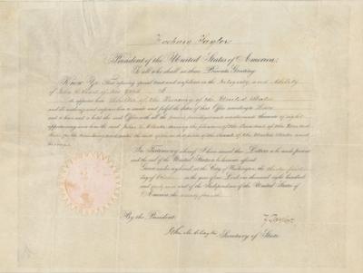 Lot #25 Zachary Taylor: Scarce presidential commission by Zachary Taylor, promoting a fellow Whig to 