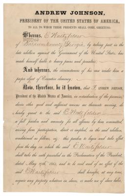 Lot #47 Andrew Johnson: President Johnson pardons a Confederate rebel in 1865, to be voided if he should acquire 