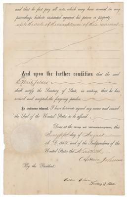 Lot #47 Andrew Johnson: President Johnson pardons a Confederate rebel in 1865, to be voided if he should acquire 