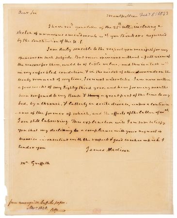 Lot #6 James Madison Autograph Letter Signed on US Constitution - Image 1