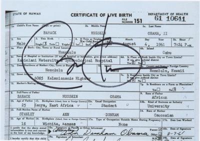 Lot #90 Barack Obama Signed Mock Birth Certificate