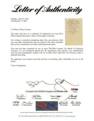 Lot #493 Silvio Pellico Handwritten Poem - Image 2