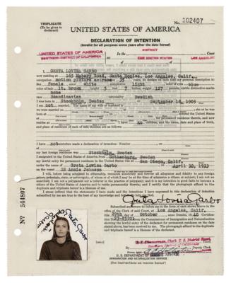 Lot #738 Greta Garbo Thrice-Signed Document and Passport Photo - Image 1