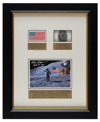 Lot #9450 Dave Scott's Apollo 15 Lunar Landed Flag and Lunar Orbited Metal Robbins Medallion Display - Image 1