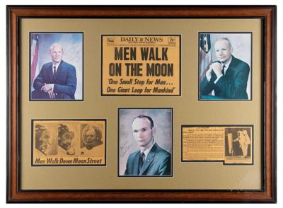 Lot #9272 Apollo 11 Crew (3) Signed Photographs and Newspaper Display - Image 1
