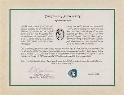 Lot #9715 Ed Gibson's Skylab 4 Flown 'White' Snoopy Decal - Image 1