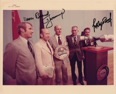 Lot #9755 Apollo-Soyuz: Brand, Leonov, and Kubasov Signed Photographs - Image 1