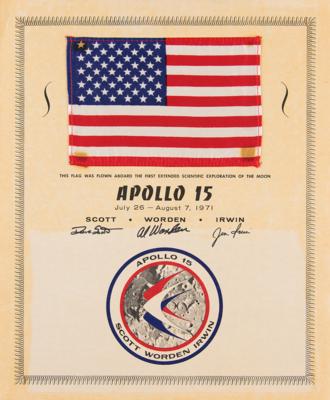 Lot #9453 Apollo 15 Flown Flag on Crew-Signed Certificate - Image 1