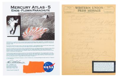 Lot #9112 Mercury Atlas-5: Mary Bubb Notes and Parachute Swatch - Image 1