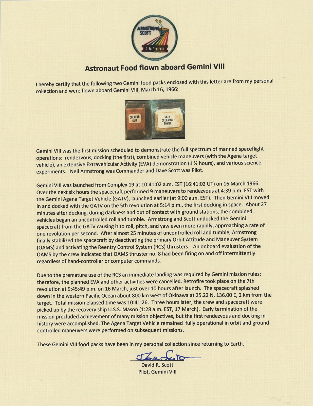 Lot #9128 Dave Scott's Gemini 8 Flown Space Food Packets (2) - Image 2