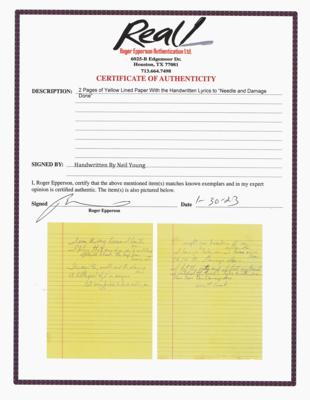 Lot #3254 Neil Young Handwritten Song Lyrics for 'The Needle and the Damage Done' - Image 2