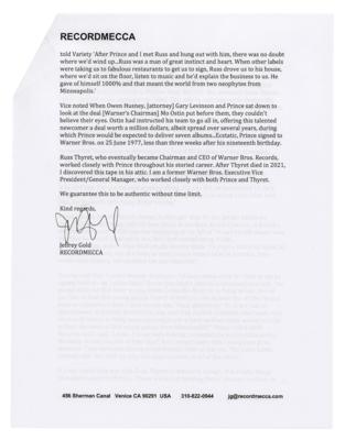 Lot #3532 Prince 1976 Warner Bros. Demo Tape (Resulted in His First Contract) - Image 11