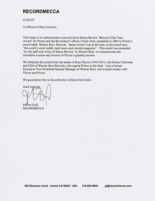 Lot #3596 Prince Stereo Review 'Record of the Year Award' for Purple Rain - Image 3