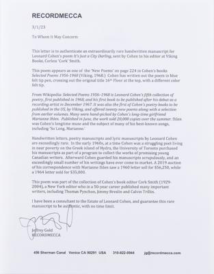 Lot #3241 Leonard Cohen Handwritten Poetry Manuscript - Image 3