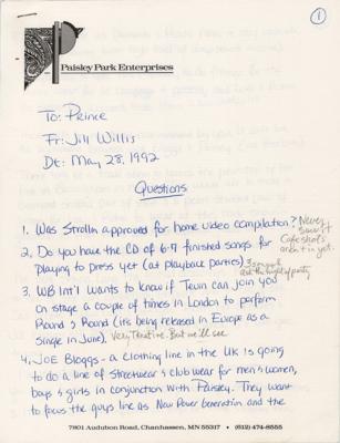 Lot #3557 Prince Hand-Annotated Memo on Music and Merchandise - Image 1