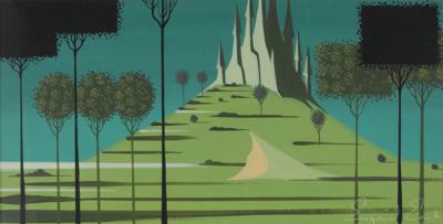 Lot #791 Eyvind Earle concept storyboard painting of the Landscape with Stylized Castle from Sleeping Beauty - Image 1