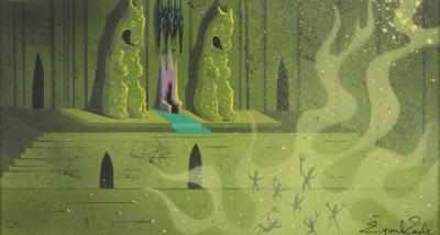 Lot #792 Eyvind Earle concept storyboard painting of Maleficent and Goons in her Throne Room from Sleeping Beauty Concept Painting - Image 1