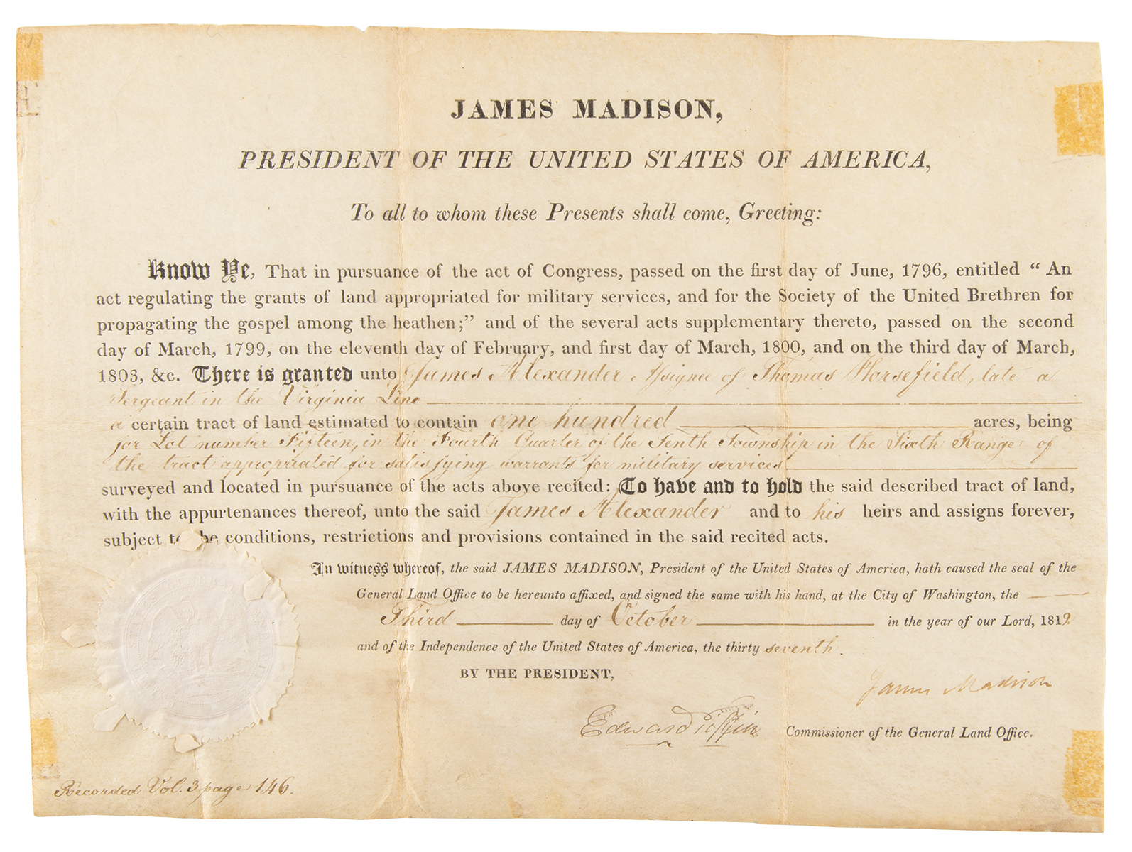 Lot #3 James Madison Document Signed as President - Image 1