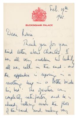 Lot #91 Queen Elizabeth II Writes to Her Midwife About Prince Charles' Appendectomy - Image 1