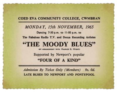 Lot #433 Moody Blues Signed Concert Ticket (1965) - Image 2