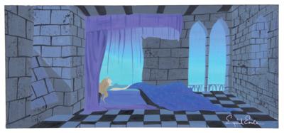 Lot #788 Eyvind Earle concept painting of Princess Aurora for Sleeping Beauty: Sleeping Beauty's serene slumber, as envisioned by Disney master Eyvind Earle - Image 1