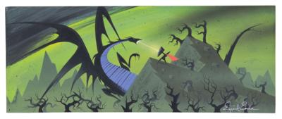Lot #787 Eyvind Earle concept painting of Prince Phillip and Maleficent from Sleeping Beauty: Eyvind Earle's dramatic concept artwork for the climactic end of Sleeping Beauty?Prince Phillip fights off the fire-breathing Maleficent - Image 1