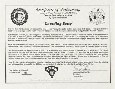 Lot #803 Myron Waldman Signed Limited Edition Popeye and Betty Boop Cel: 'Guarding Betty' - Image 2