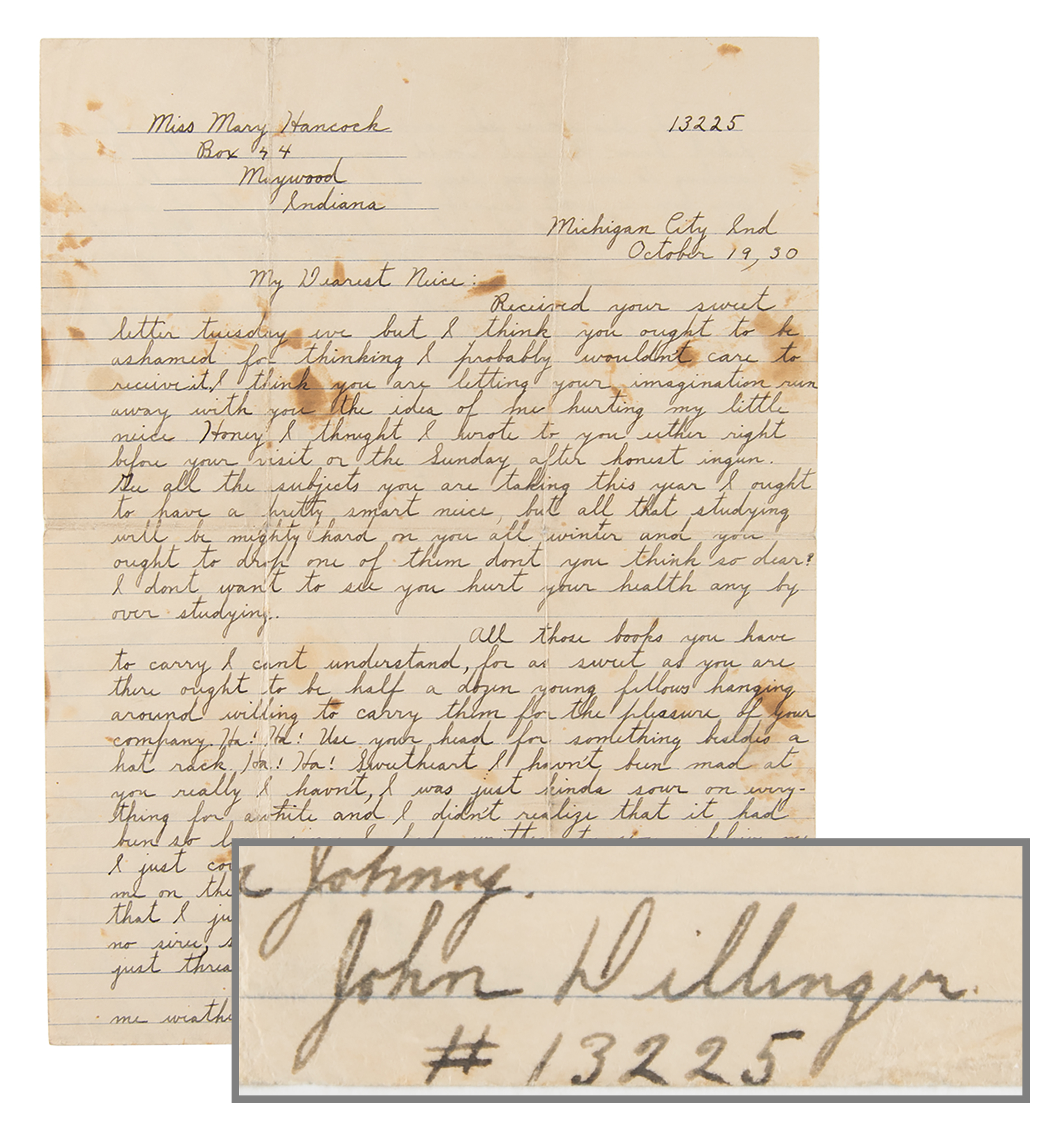 Lot #6050 John Dillinger Autograph Letter Signed from Prison: 