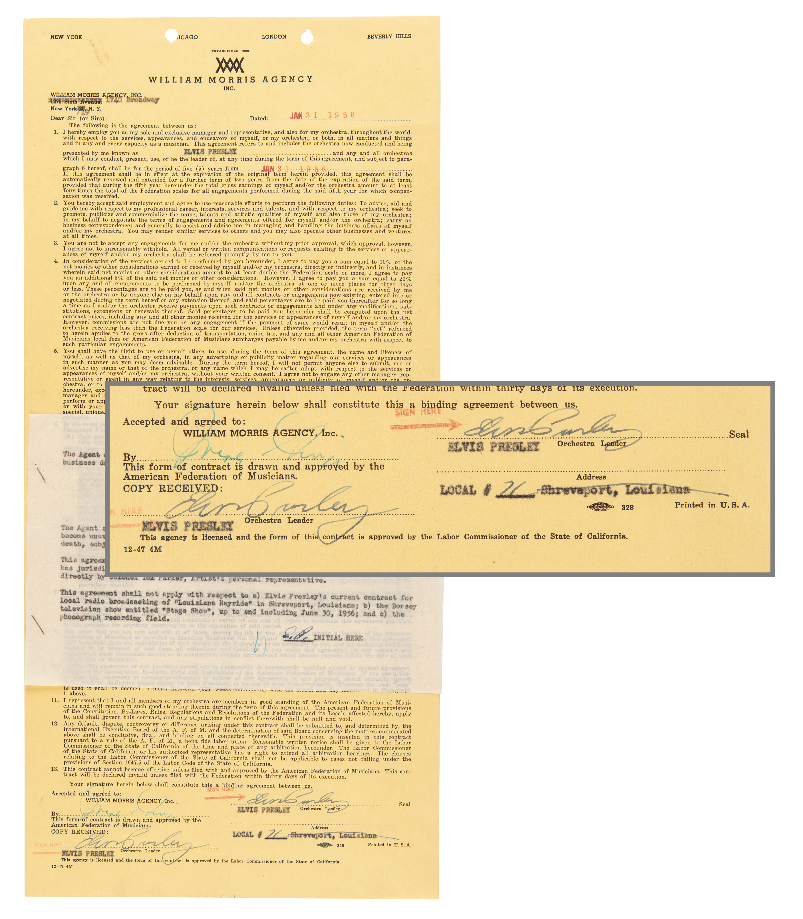 Lot #6084 Elvis Presley Twice-Signed 1956 Five-Year Agency Contract - Image 1