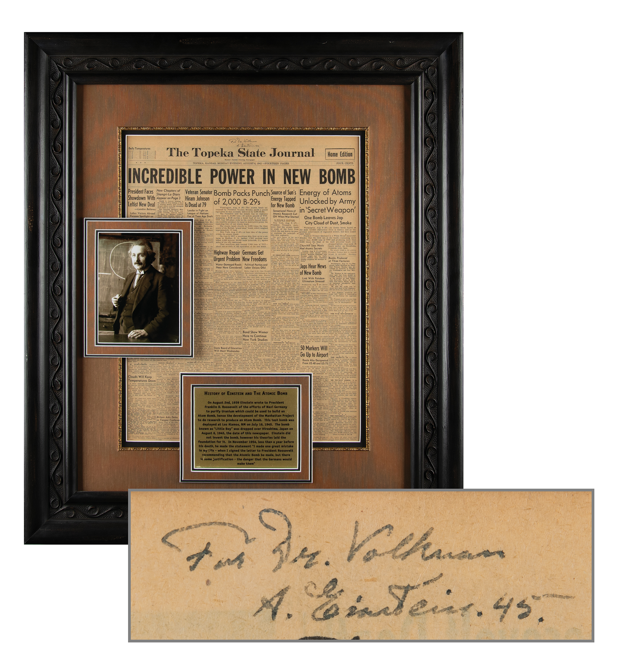 Lot #6062 Albert Einstein Signed 'Atomic Bomb' Newspaper (August 6, 1945) - Image 1