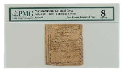 Lot #80 Paul Revere: Massachusetts Bay Currency (3 Shillings, 6 Pence, 1779) - Image 1