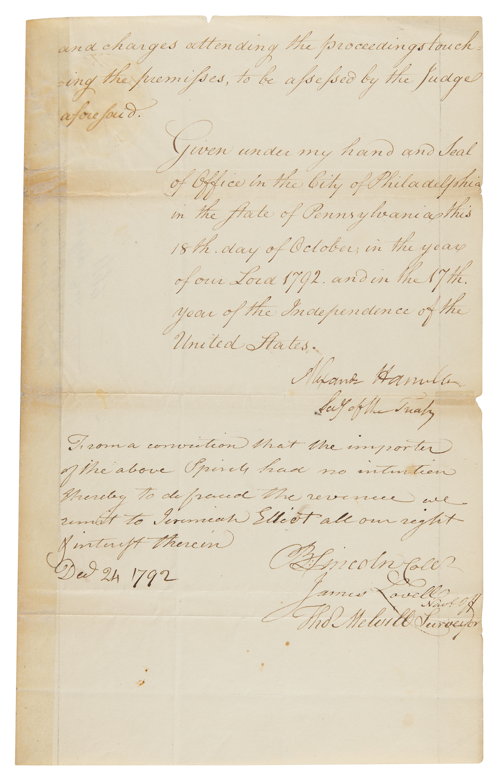 Lot #58 Alexander Hamilton Signed Document on the Import of Distilled Spirits - Image 1